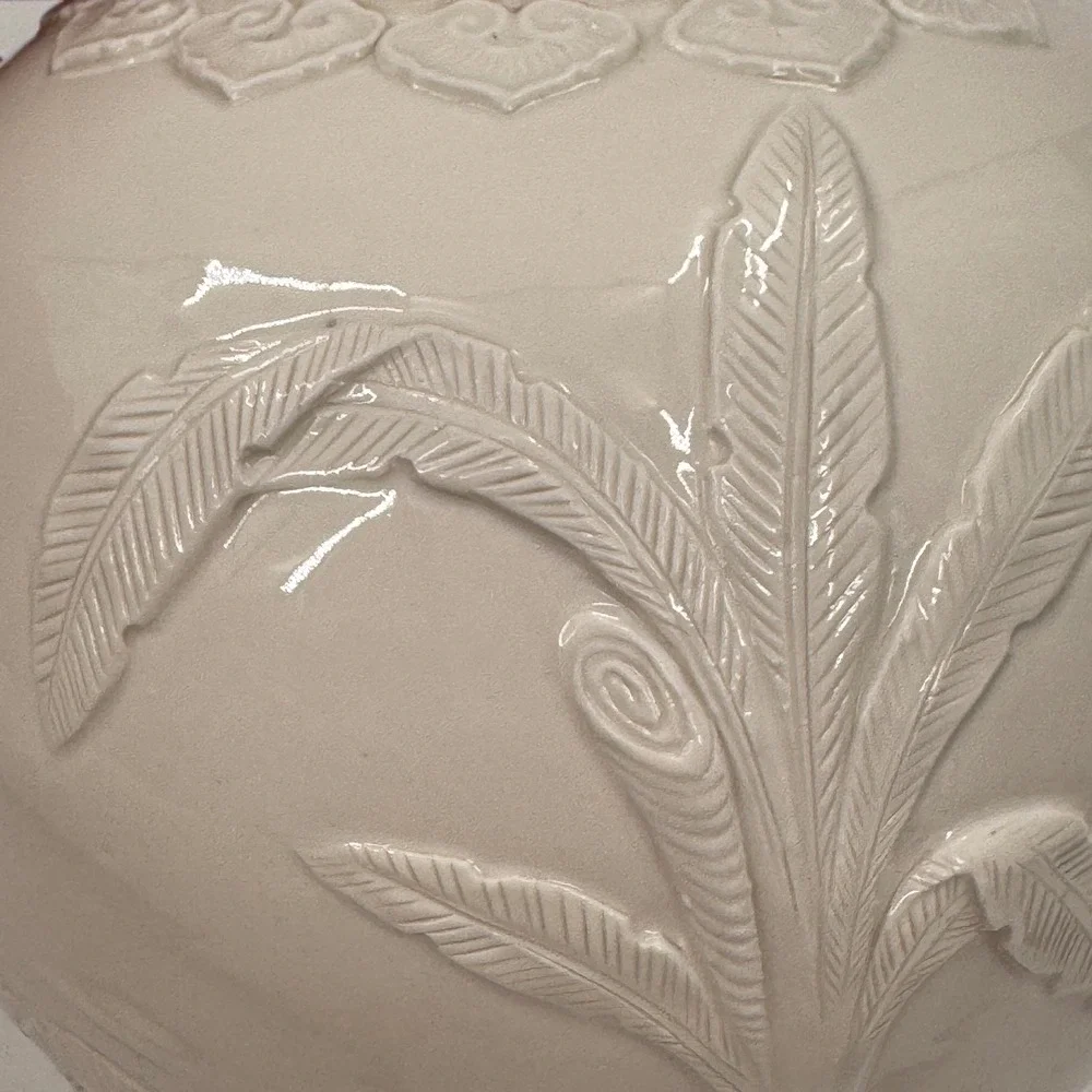 White Relief Porcelain Ginger Jar Rooster Floral Botanical Blanc de Chine